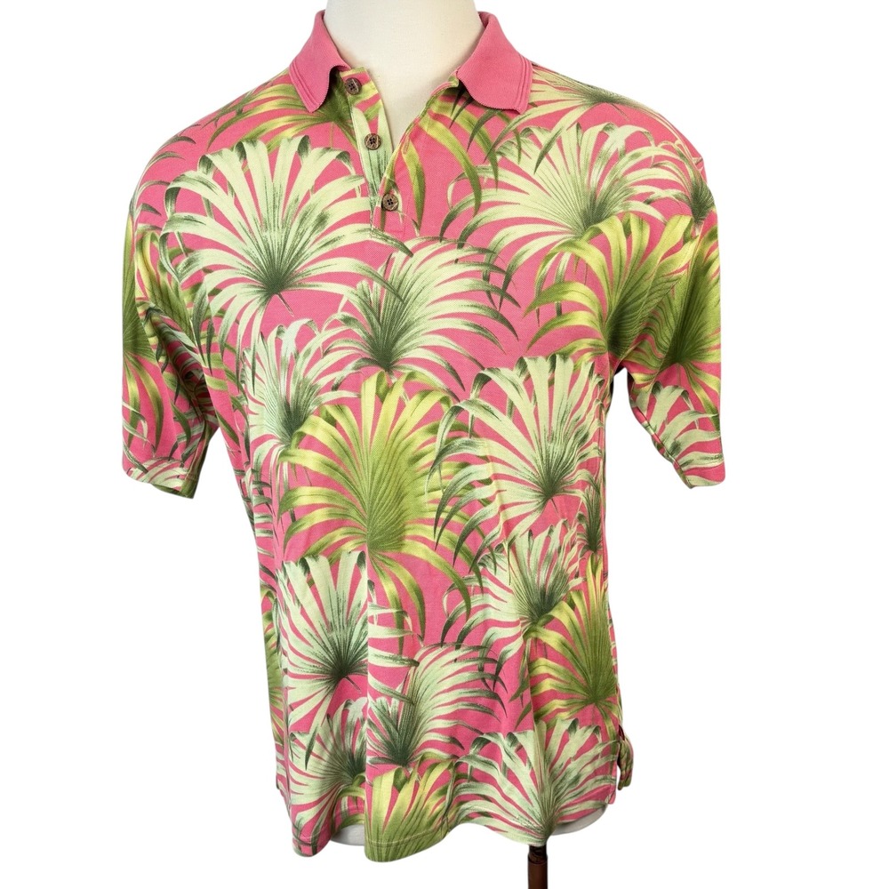 Tommy Bahama Mens Large Silk Cotton Tropical Palm Print Pink Green‎ Polo Shirt